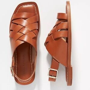 Loeffler Randall Cognac Brown Leather Woven Slingback Sandals